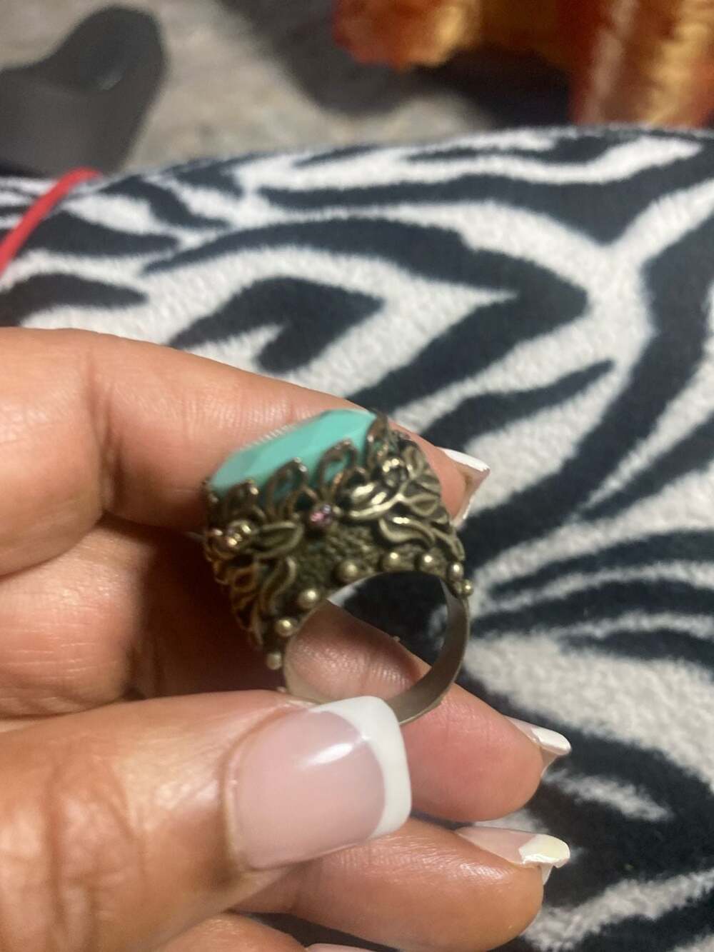 Michal Negrin Ornate Brass Statement Ring with Faceted Turquoise Stone and Pink